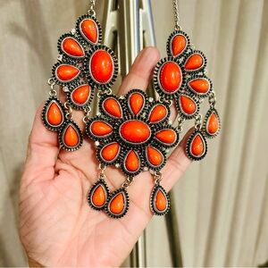Orange and Silver Floral Statement Necklace with‎ tiny diamond rhinestones.